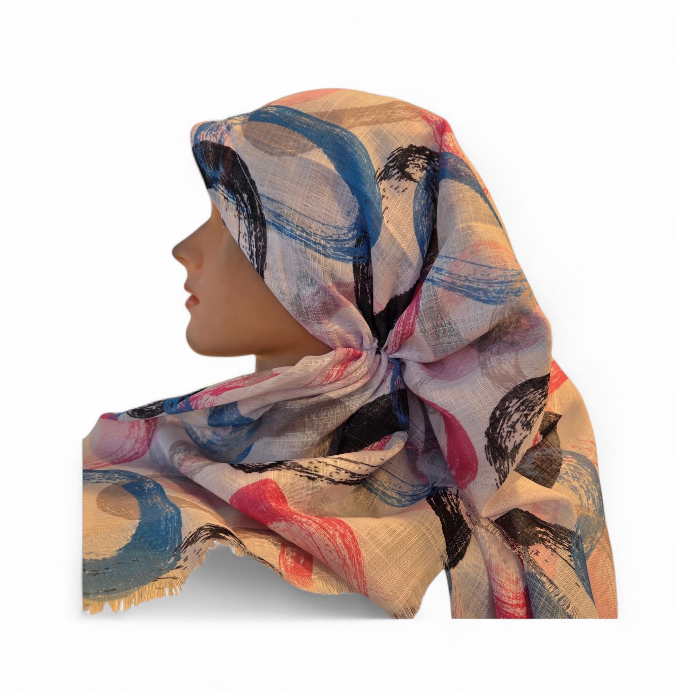 White - long kerchief back - soft fringes pretied tichel (BBS) w/band sewn in