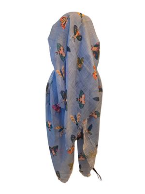 Sky blue - bees - long kerchief back - soft fringes pretied tichel (BBS) w/band sewn in