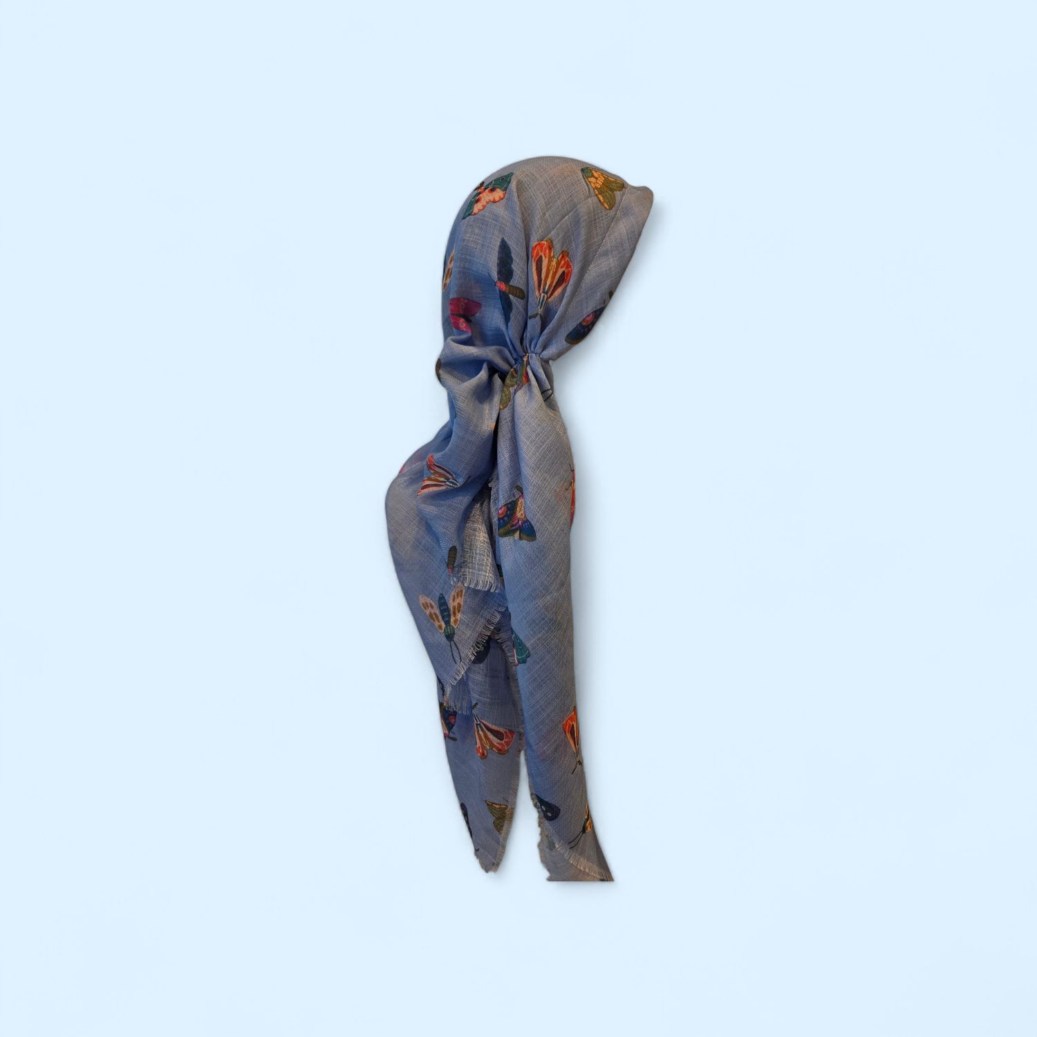 Sky blue - bees - long kerchief back - soft fringes pretied tichel (BBS) w/band sewn in