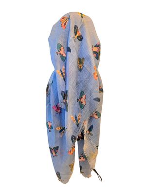 Sky blue - bees - long kerchief back - soft fringes pretied tichel (BBS) w/band sewn in