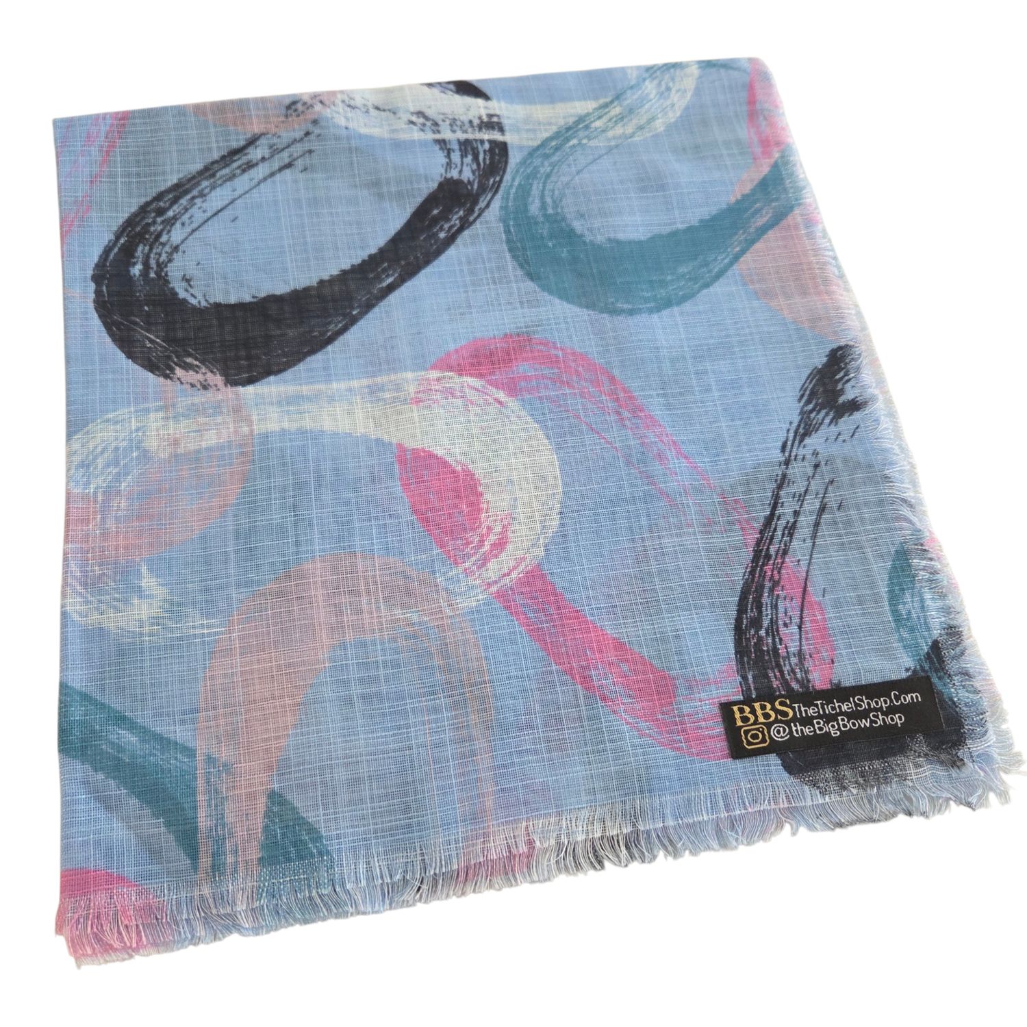 Light blue - painted whispered loops - soft fringed square tichel