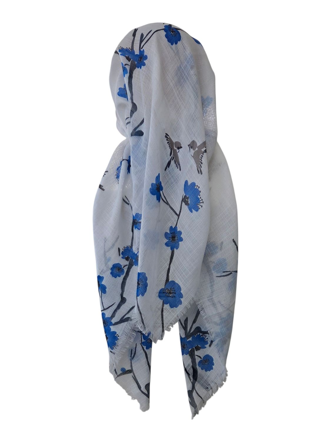 White/blue - long kerchief back - soft fringes pretied tichel (BBS) w/band sewn in