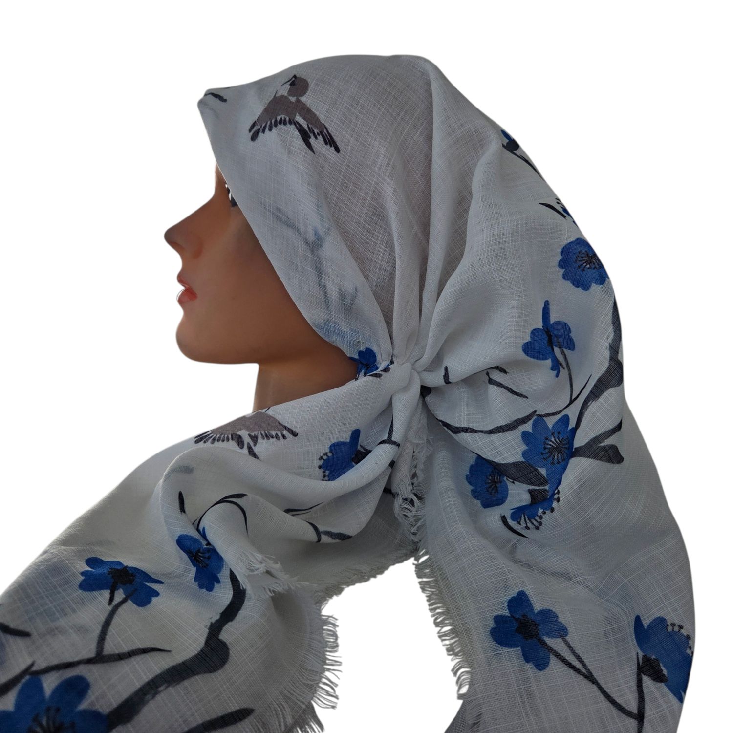 White/blue - long kerchief back - soft fringes pretied tichel (BBS) w/band sewn in