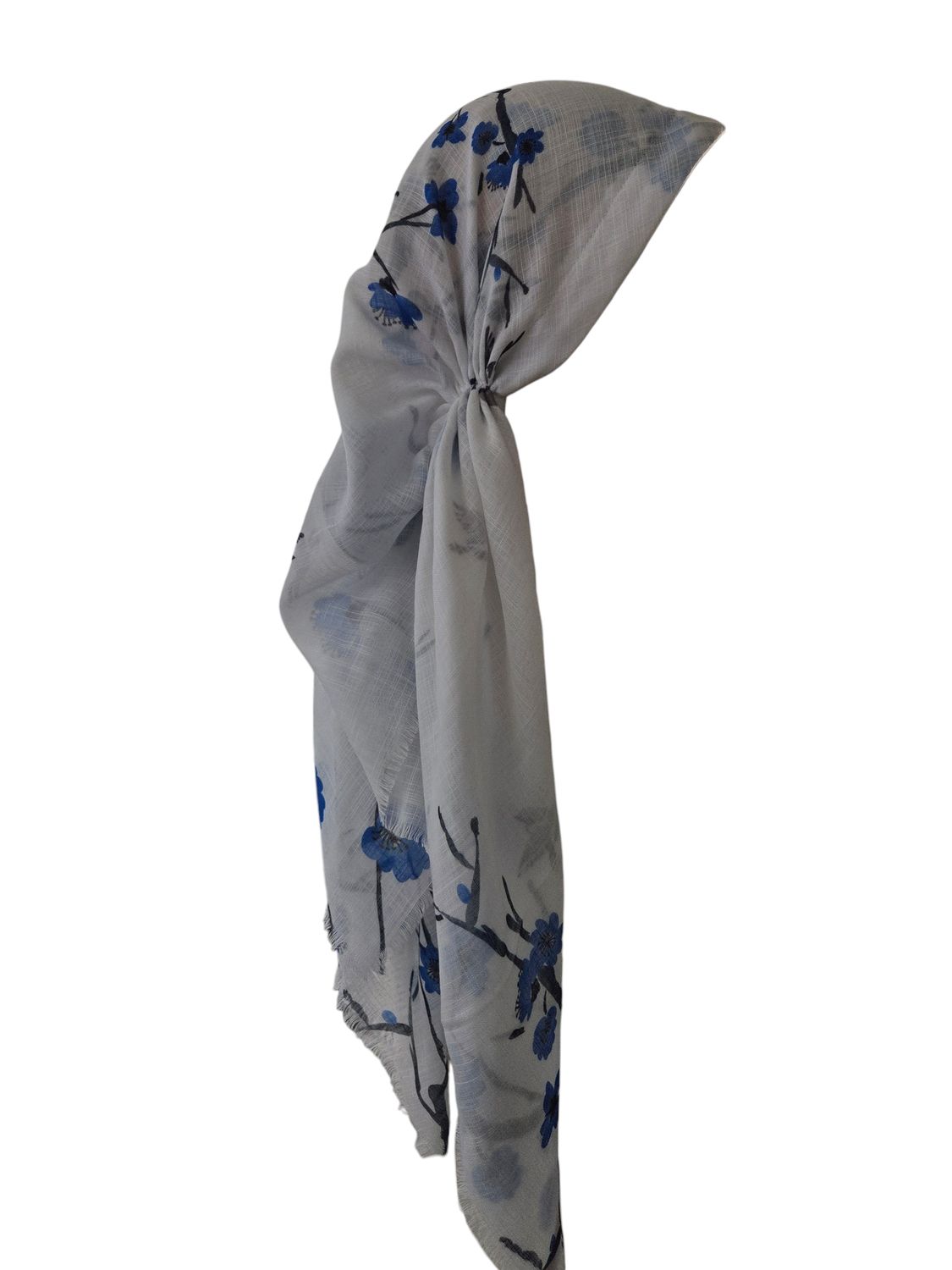 White/blue - long kerchief back - soft fringes pretied tichel (BBS) w/band sewn in