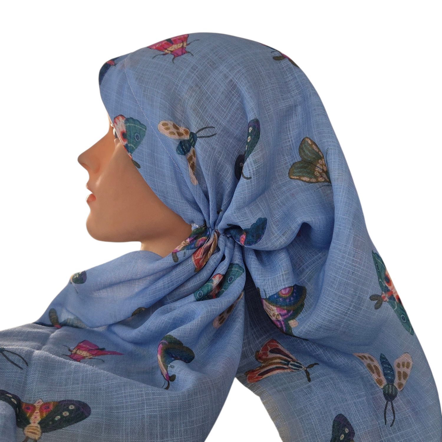 Light blue butterflies - long kerchief back - soft fringes pretied tichel (BBS) w/band sewn in