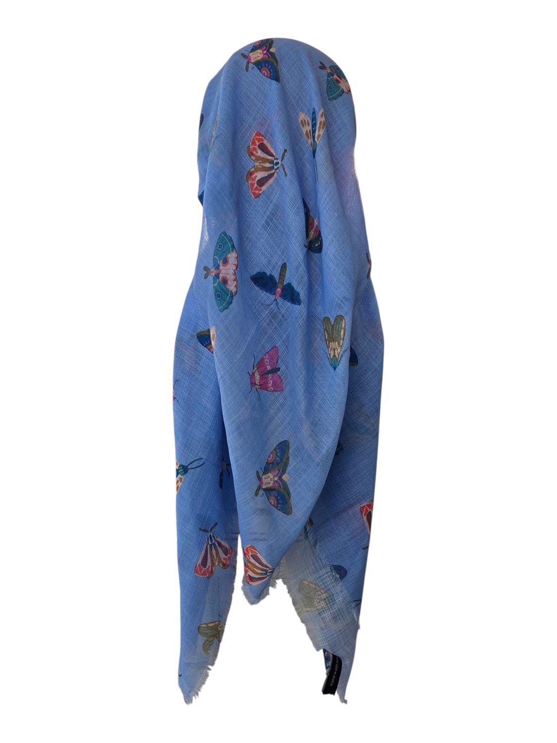 Light blue butterflies - long kerchief back - soft fringes pretied tichel (BBS) w/band sewn in