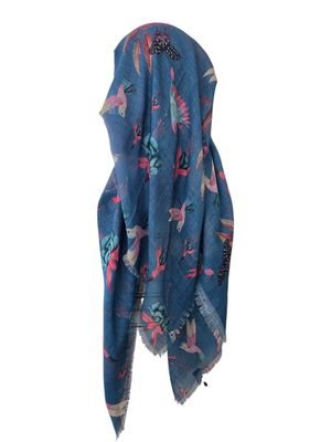 Teal/denim birds - long kerchief back - soft fringes pretied tichel (BBS) w/band sewn in