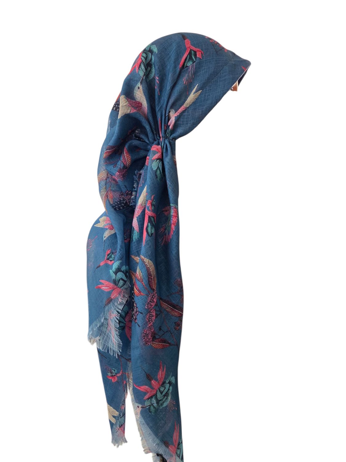 Teal/denim birds - long kerchief back - soft fringes pretied tichel (BBS) w/band sewn in