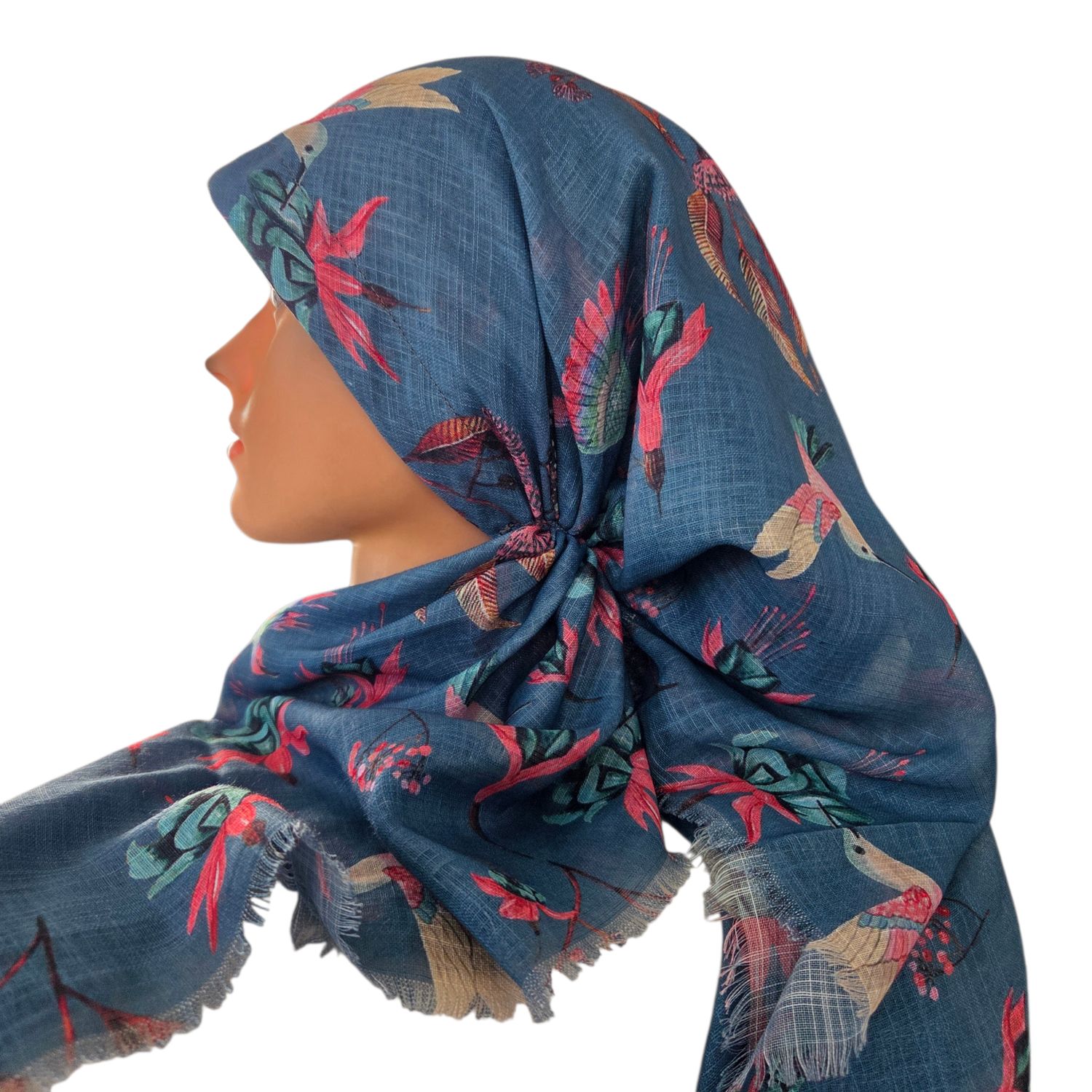 Teal/denim birds - long kerchief back - soft fringes pretied tichel (BBS) w/band sewn in