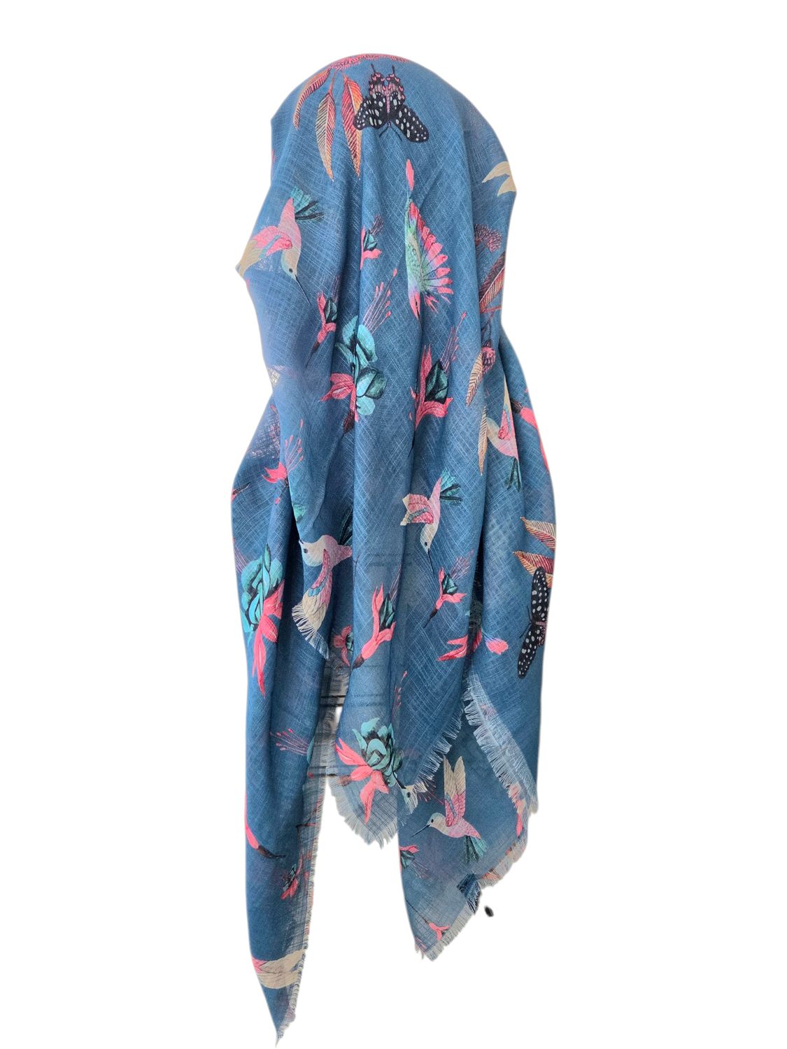 Teal/denim birds - long kerchief back - soft fringes pretied tichel (BBS) w/band sewn in