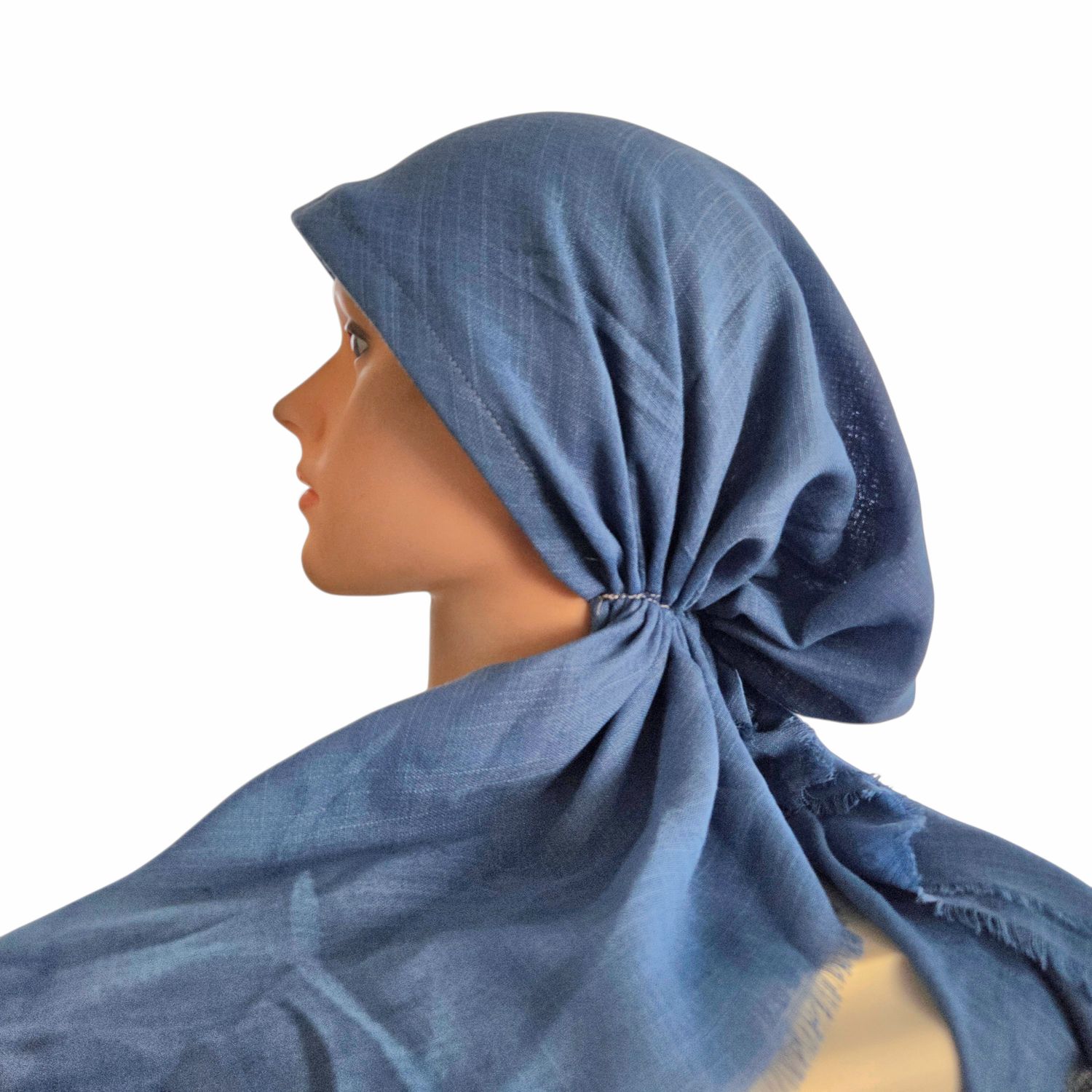 Petrol blue solid  - soft fringes pretied tichel