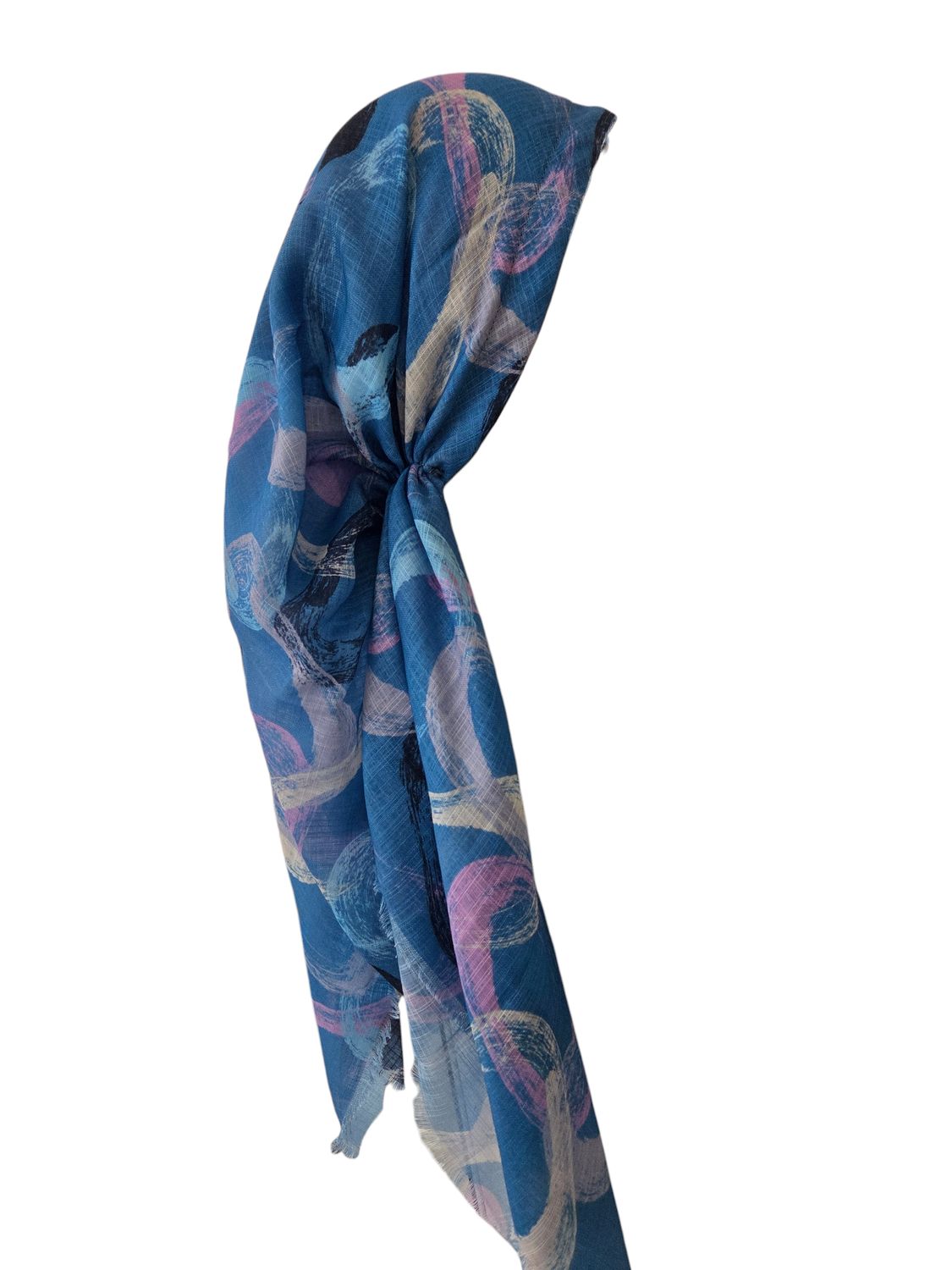 Denim swirls - long kerchief back - soft fringes pretied tichel (BBS) w/band sewn in