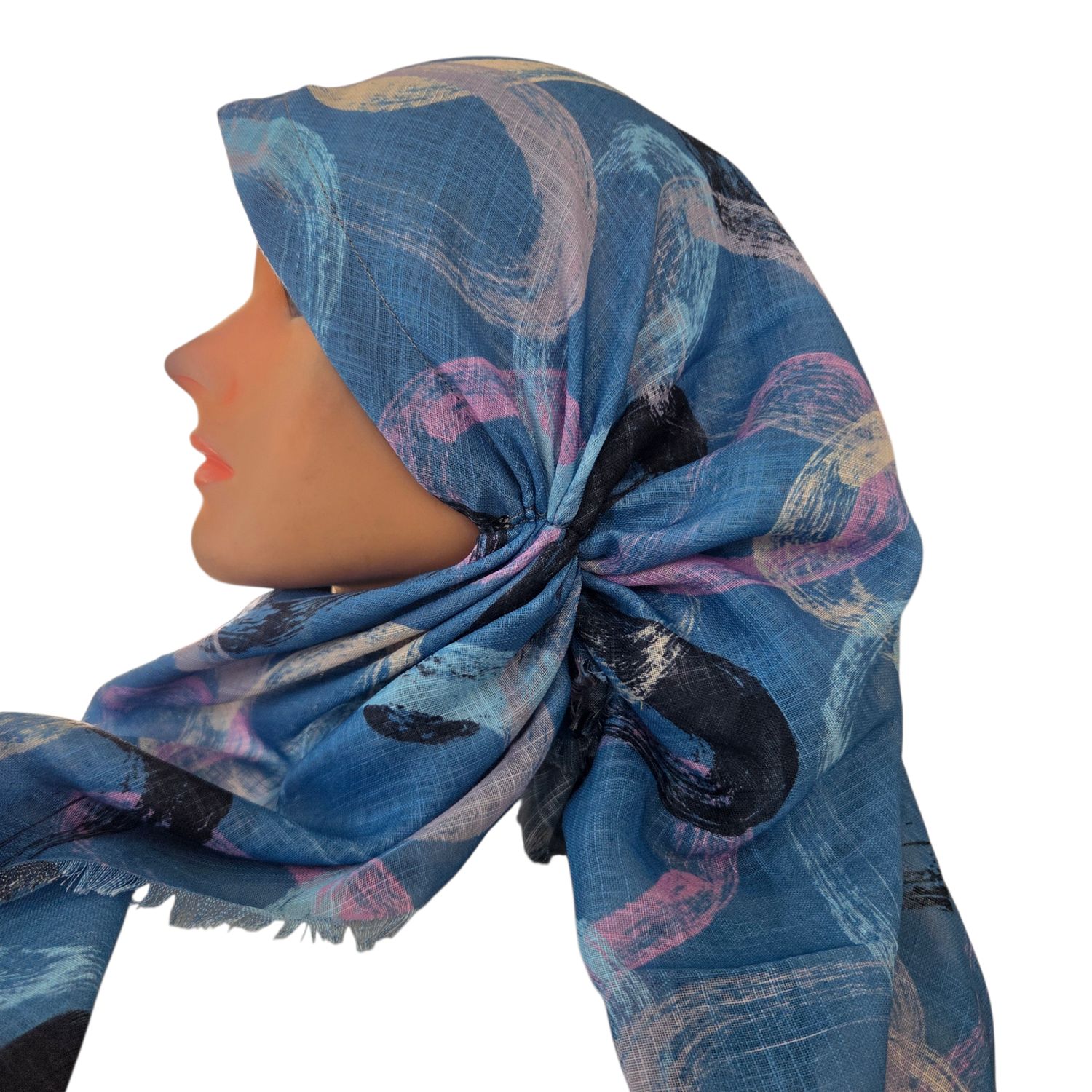 Denim swirls - long kerchief back - soft fringes pretied tichel (BBS) w/band sewn in