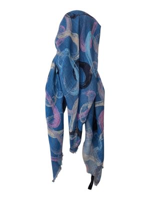 Denim swirls - long kerchief back - soft fringes pretied tichel (BBS) w/band sewn in