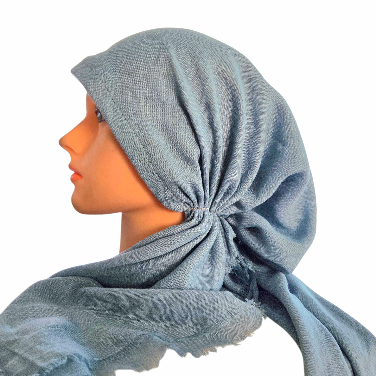 Ocean blue olive solid  - soft fringes pretied tichel