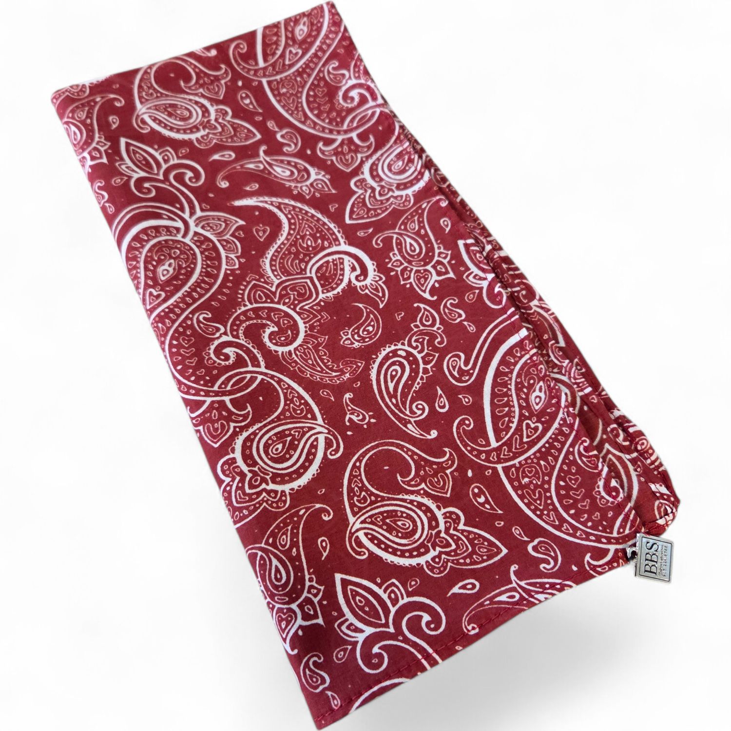 Deep red paisley patterned small square tichel.