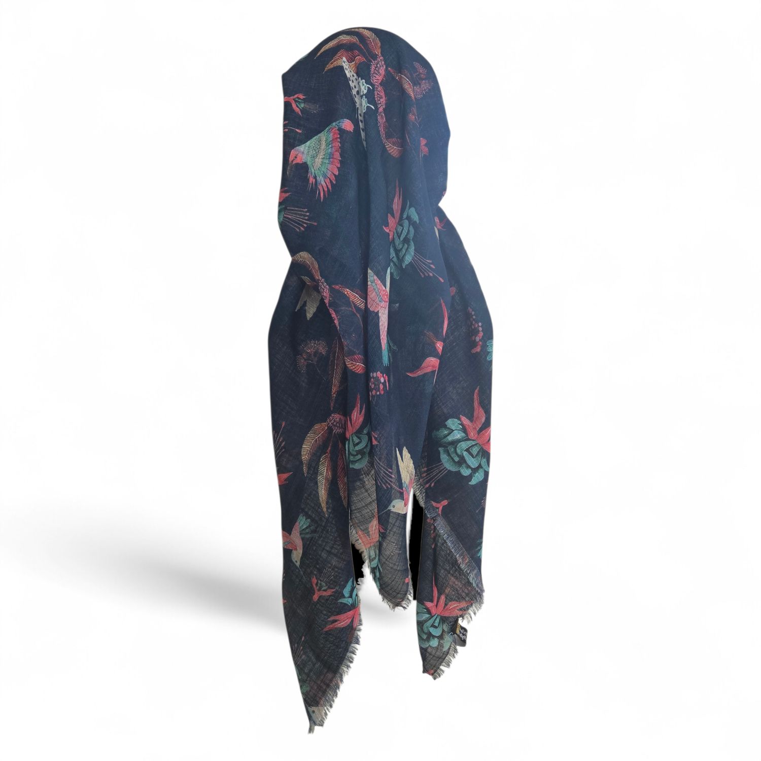 Dark denim birds - long kerchief back - soft fringes pretied tichel (BBS) w/band sewn in