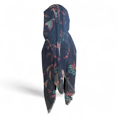 Dark denim birds - long kerchief back - soft fringes pretied tichel (BBS) w/band sewn in