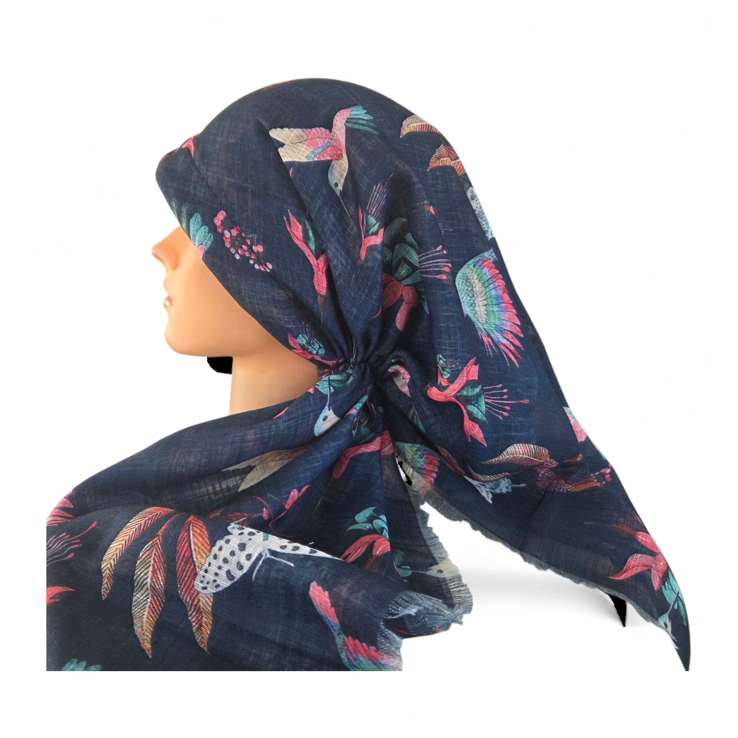 Dark denim birds - long kerchief back - soft fringes pretied tichel (BBS) w/band sewn in