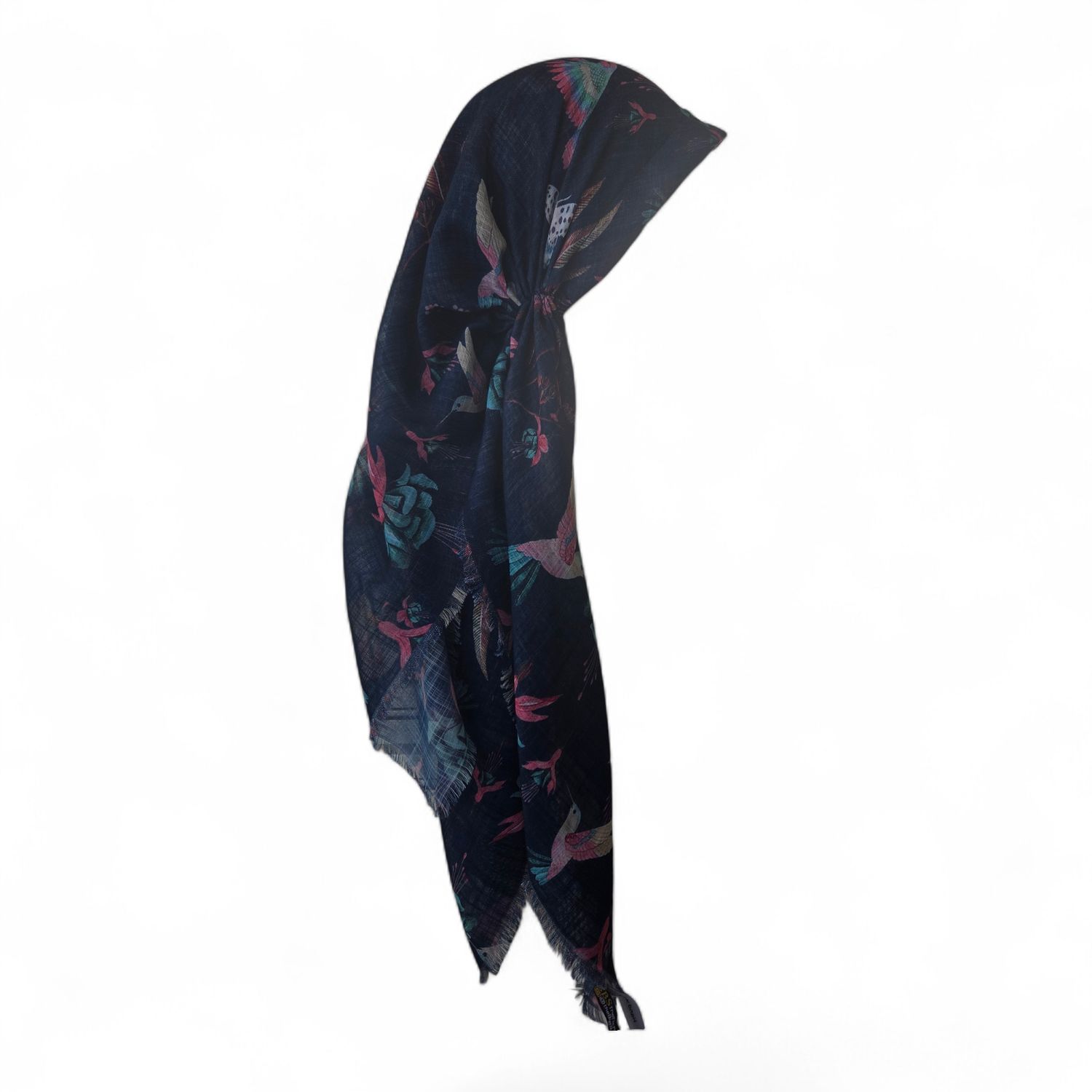 Dark denim birds - long kerchief back - soft fringes pretied tichel (BBS) w/band sewn in