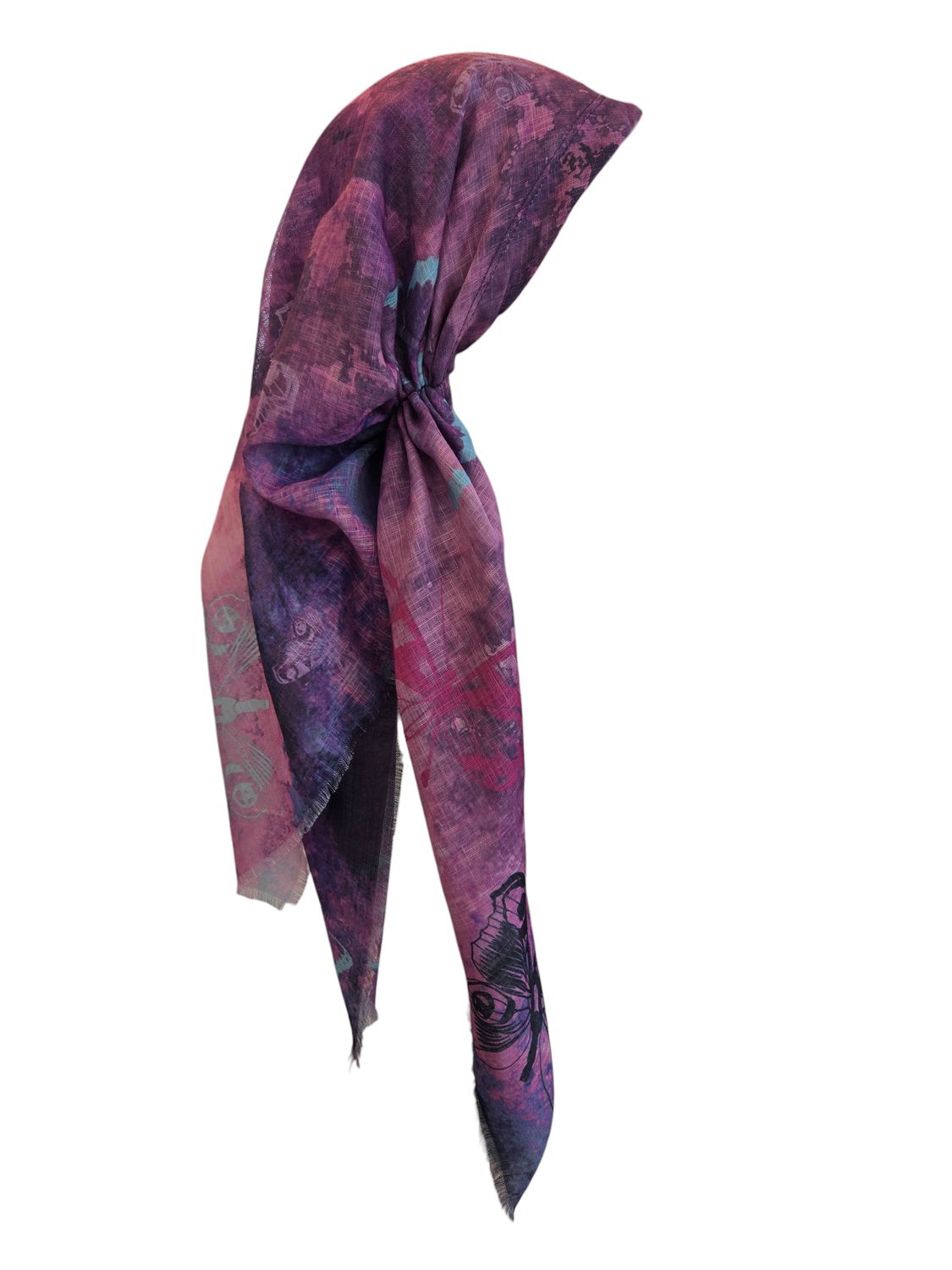 Shaded butterflies - light purple long back pre-tied kerchief w/band sewn in  -  soft fringed edges material
