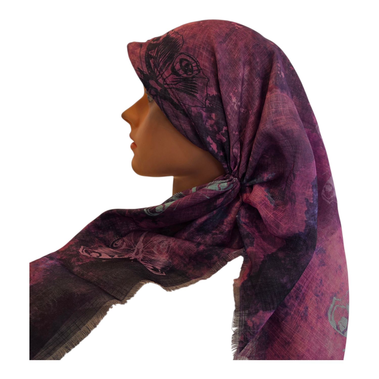 Shaded butterflies - light purple long back pre-tied kerchief w/band sewn in  -  soft fringed edges material