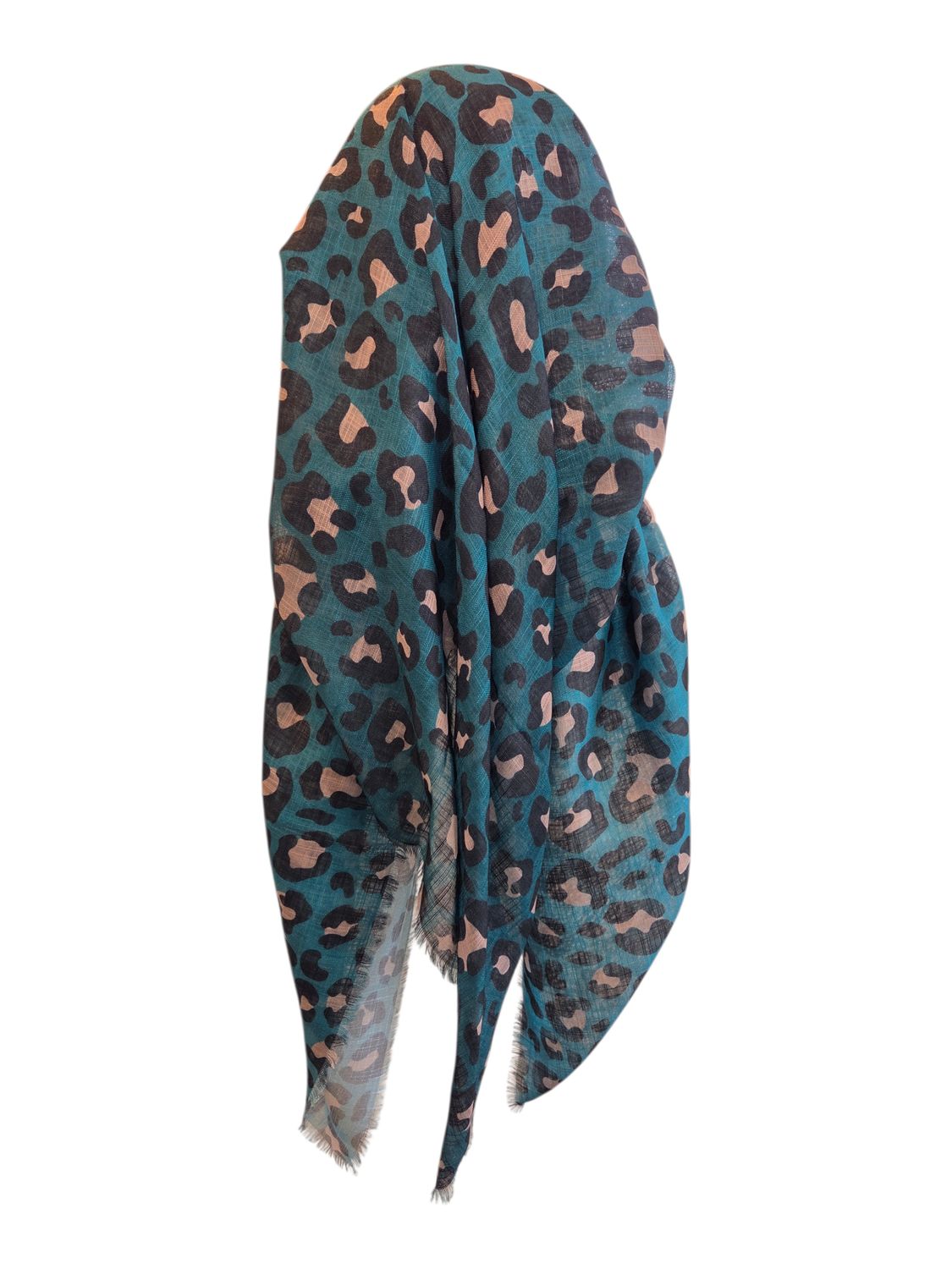 Turquoise leopard - long back pre-tied kerchief w/band sewn in  -  soft fringed edges material
