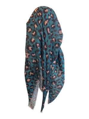 Turquoise leopard - long back pre-tied kerchief w/band sewn in  -  soft fringed edges material