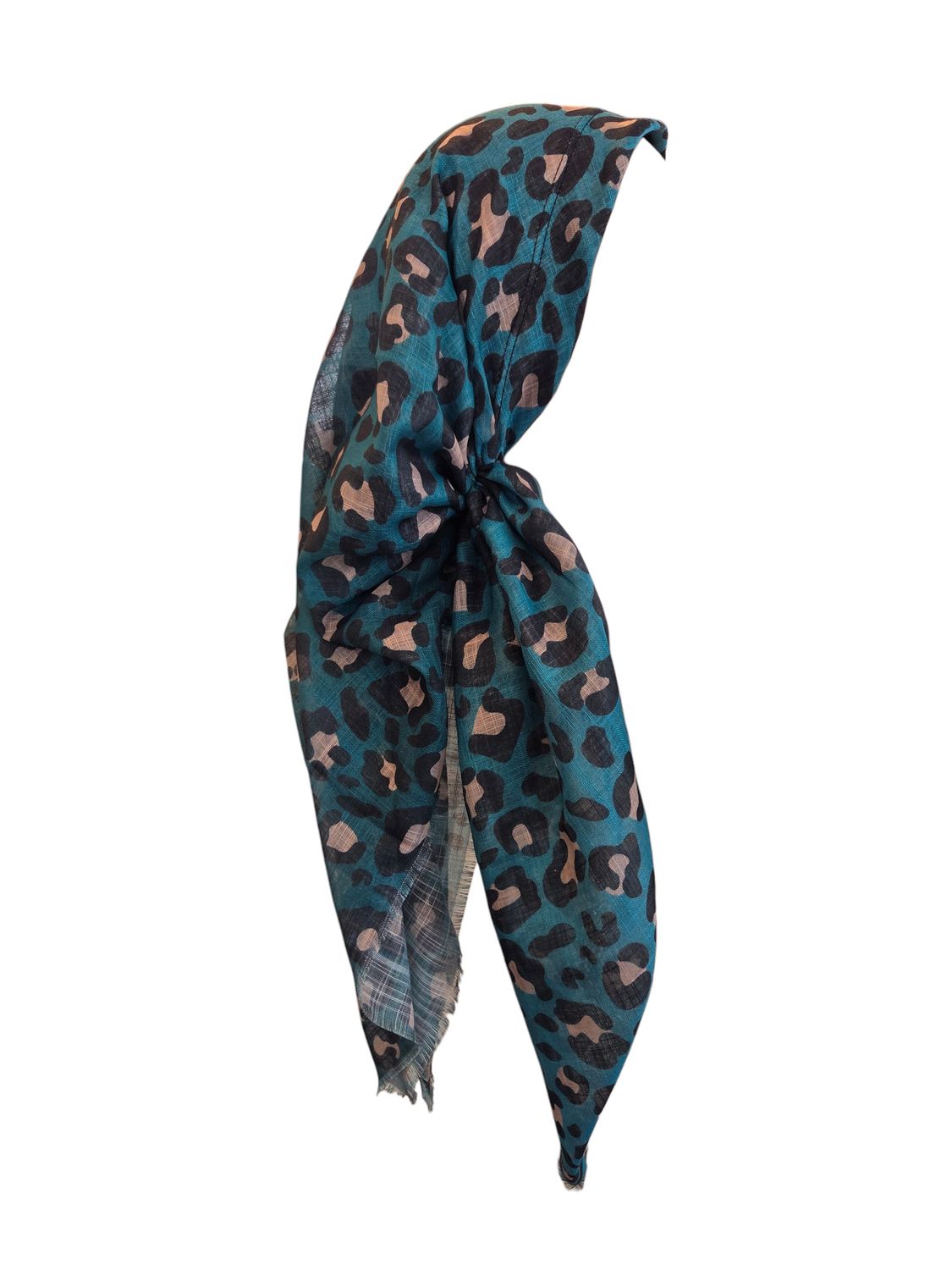 Turquoise leopard - long back pre-tied kerchief w/band sewn in  -  soft fringed edges material