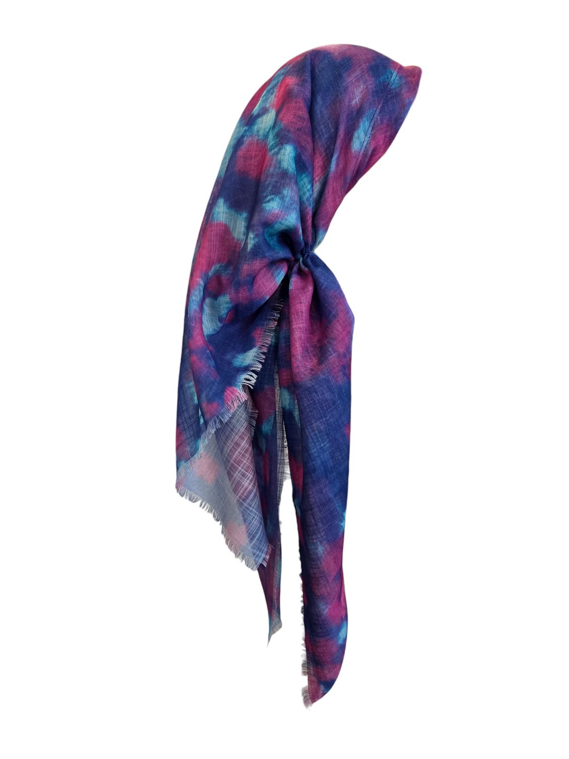 Colorful tie dyed - long back pre-tied kerchief w/band sewn in  -  soft fringed edges material