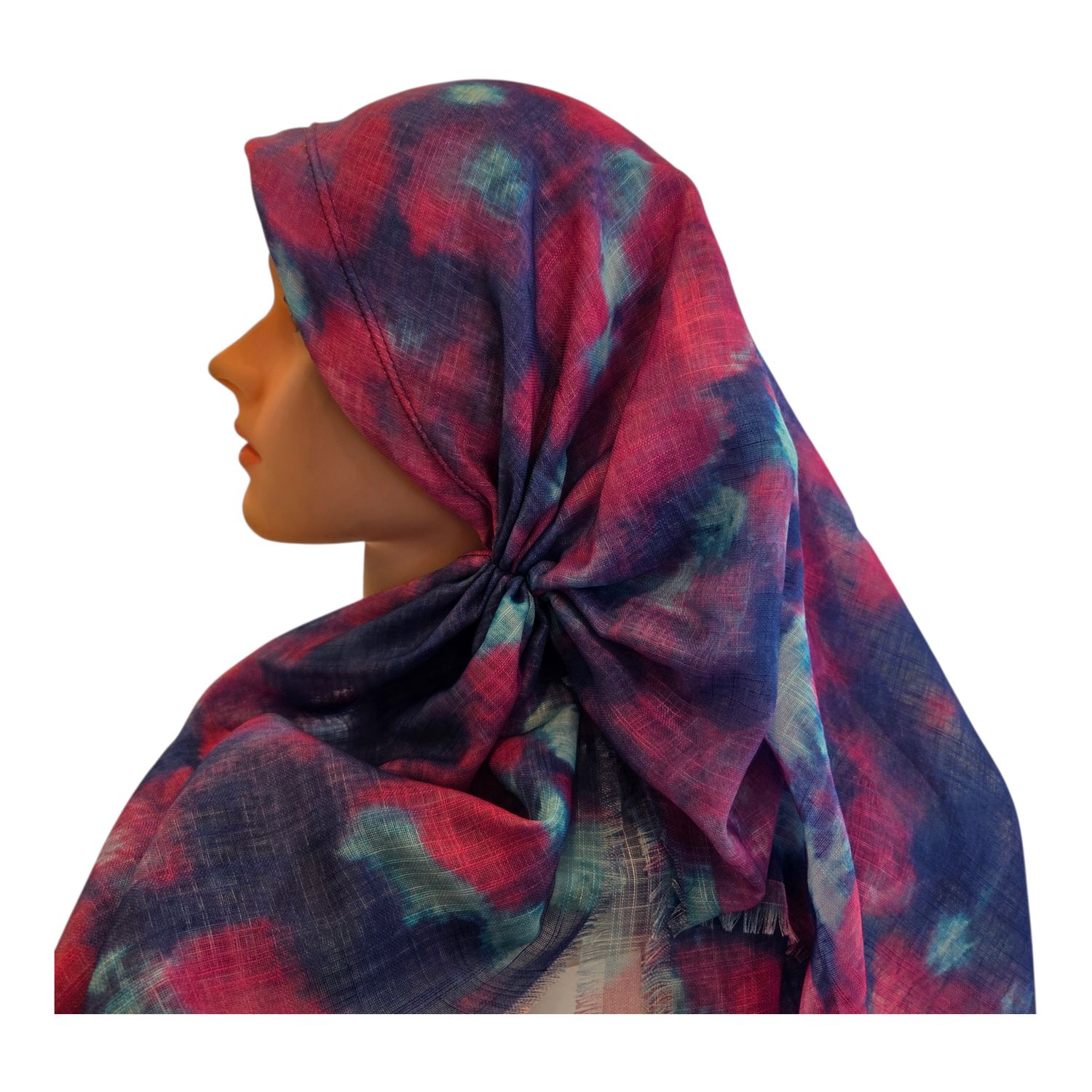 Colorful tie dyed - long back pre-tied kerchief w/band sewn in  -  soft fringed edges material