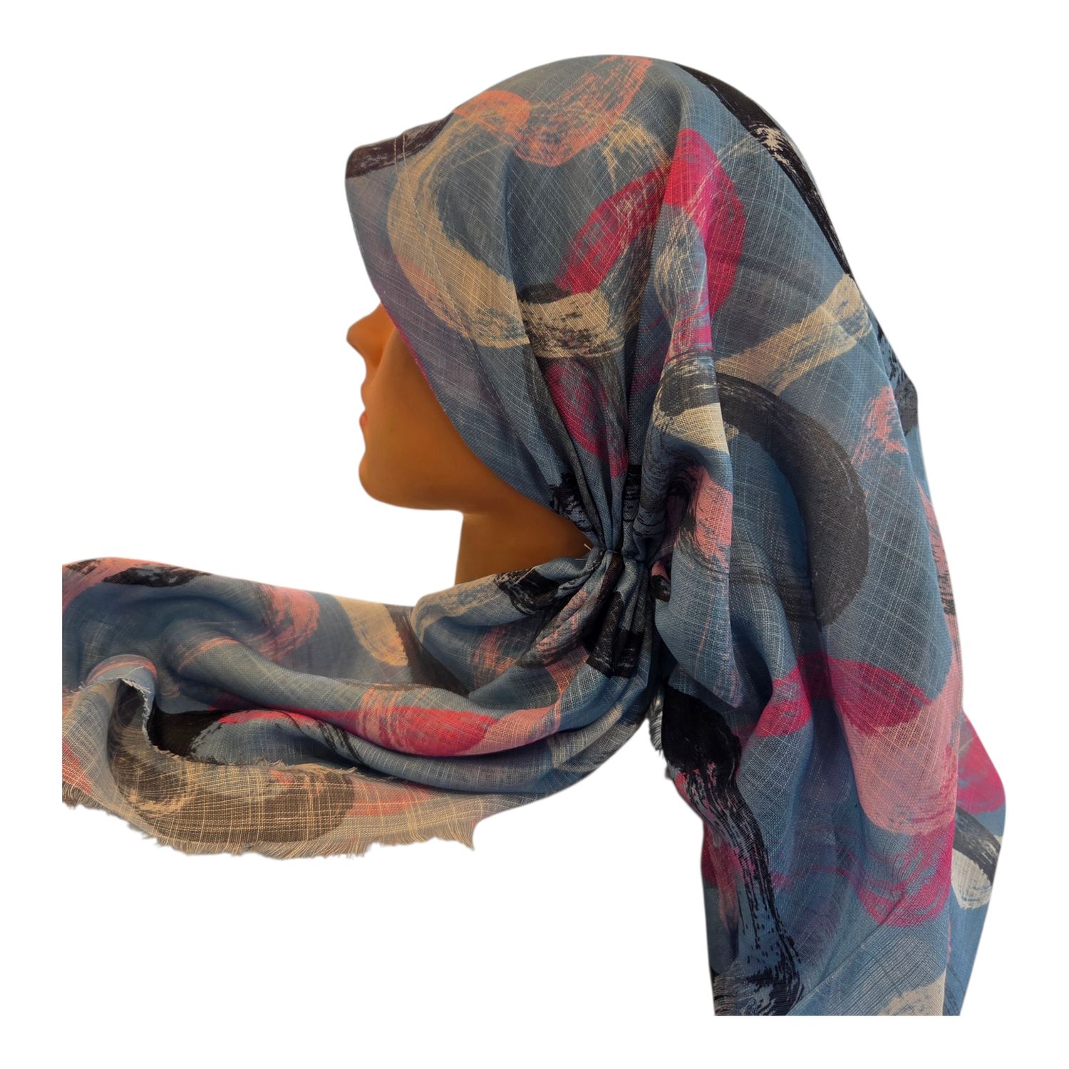 Light blue denim swirls - long back pre-tied kerchief w/band sewn in  -  soft fringed edges material