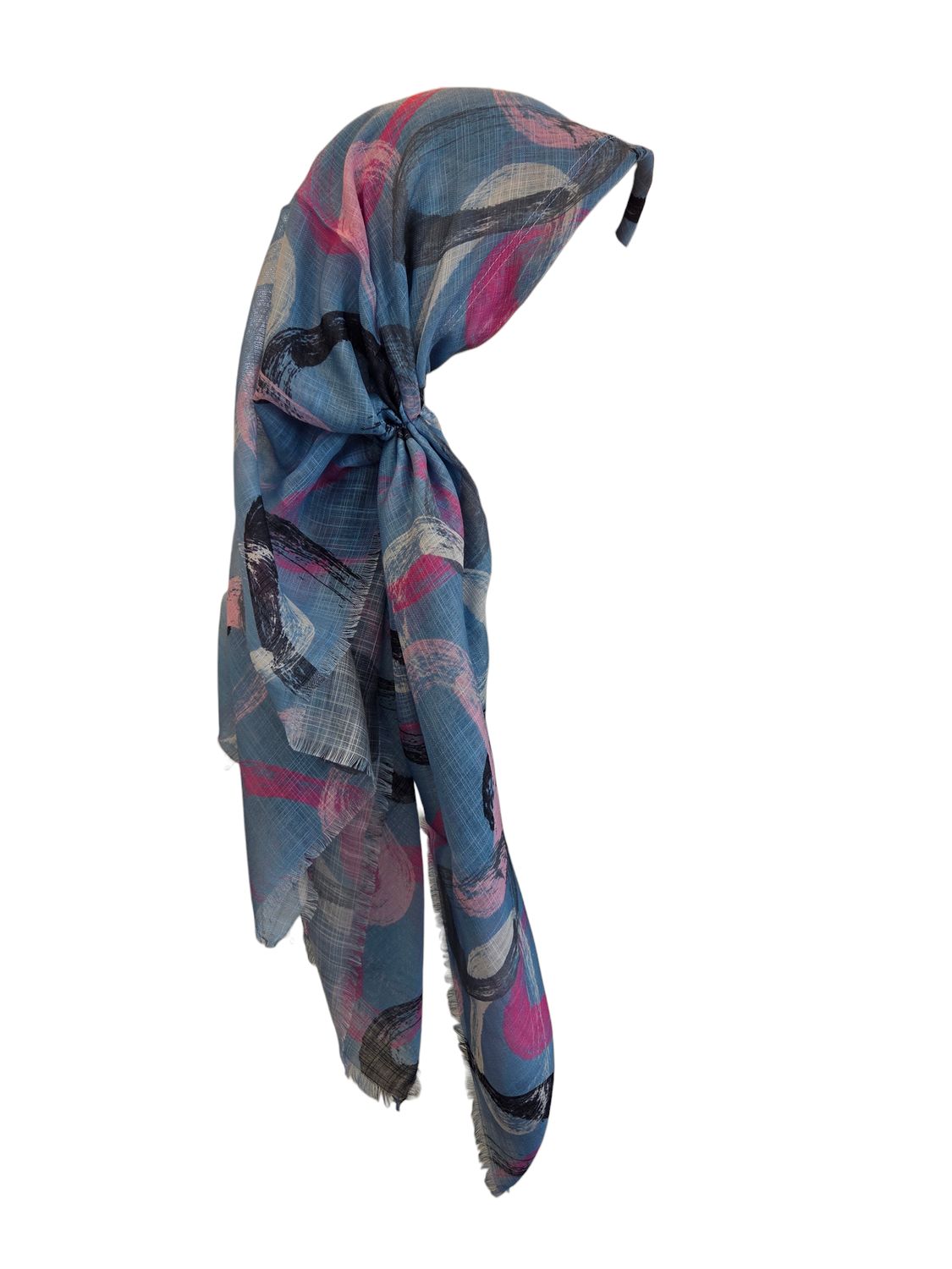 Light blue denim swirls - long back pre-tied kerchief w/band sewn in  -  soft fringed edges material