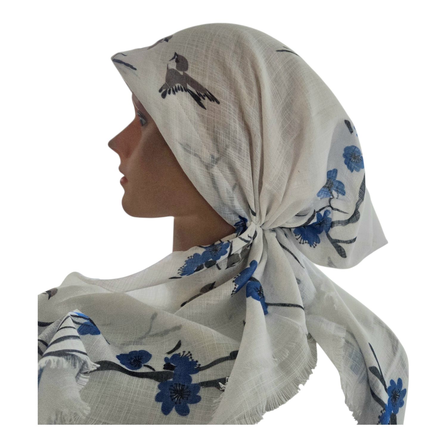 White  - Summer flowers - soft fringes pretied tichel