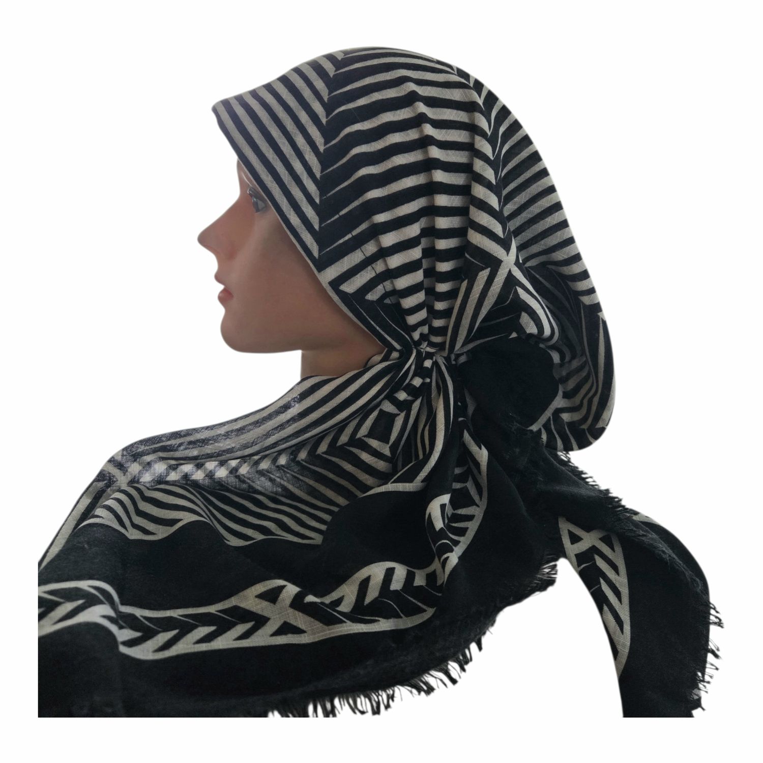 Black/White - soft fringes pretied tichel - stripes 
