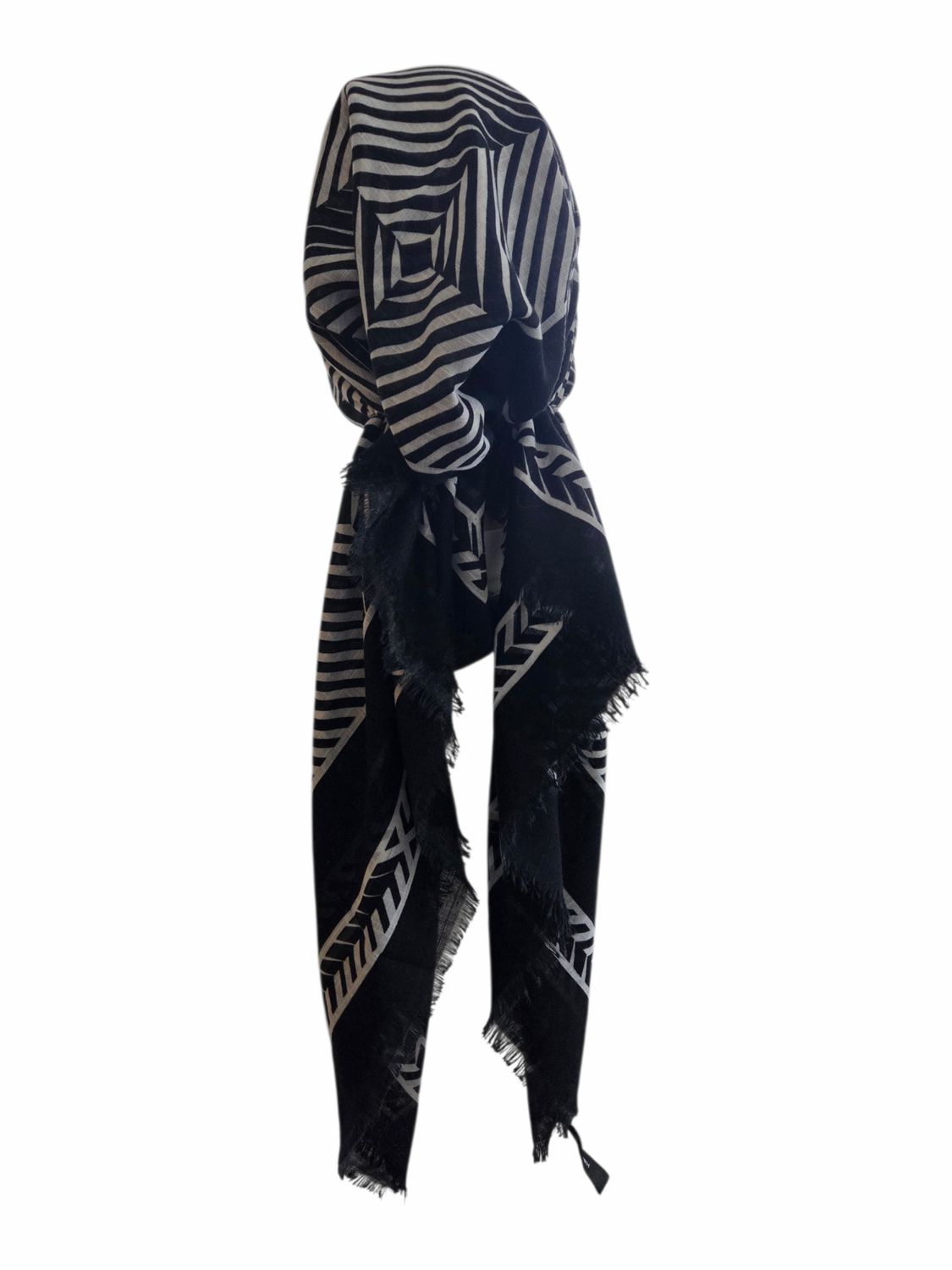 Black/White - soft fringes pretied tichel - stripes 