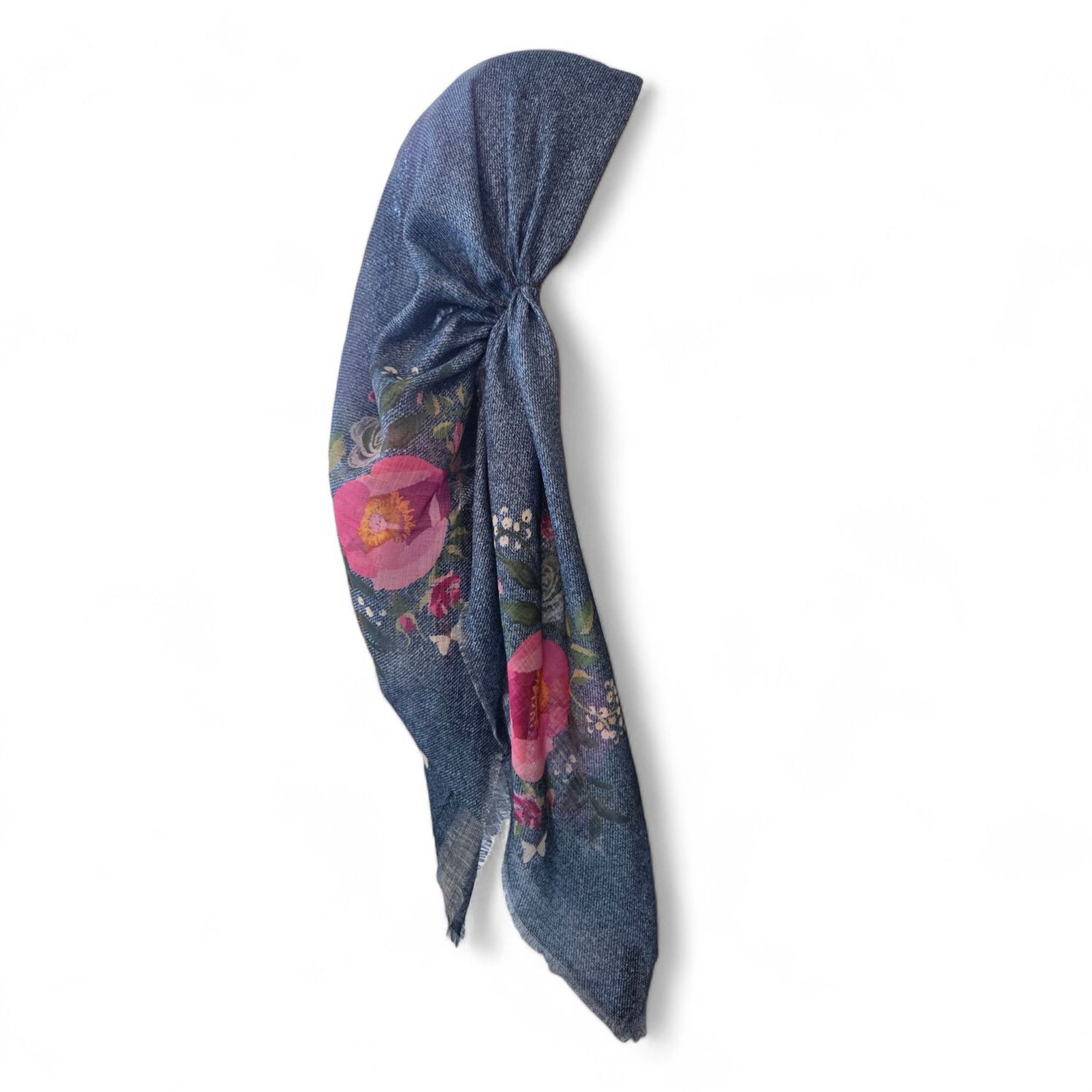 Denim/floral - long kerchief back - soft fringes pretied tichel (BBS) w/band sewn in