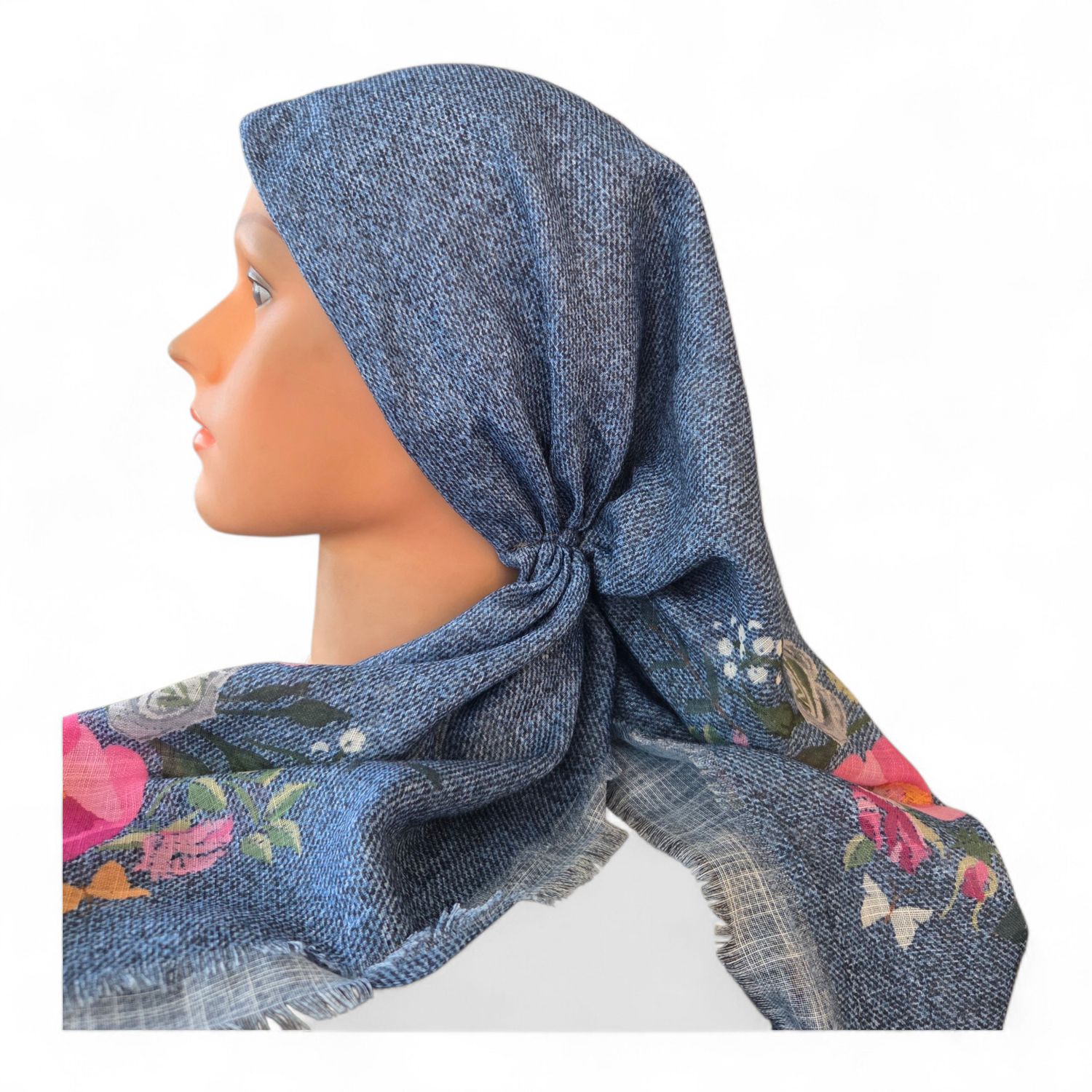 Denim/floral - long kerchief back - soft fringes pretied tichel (BBS) w/band sewn in