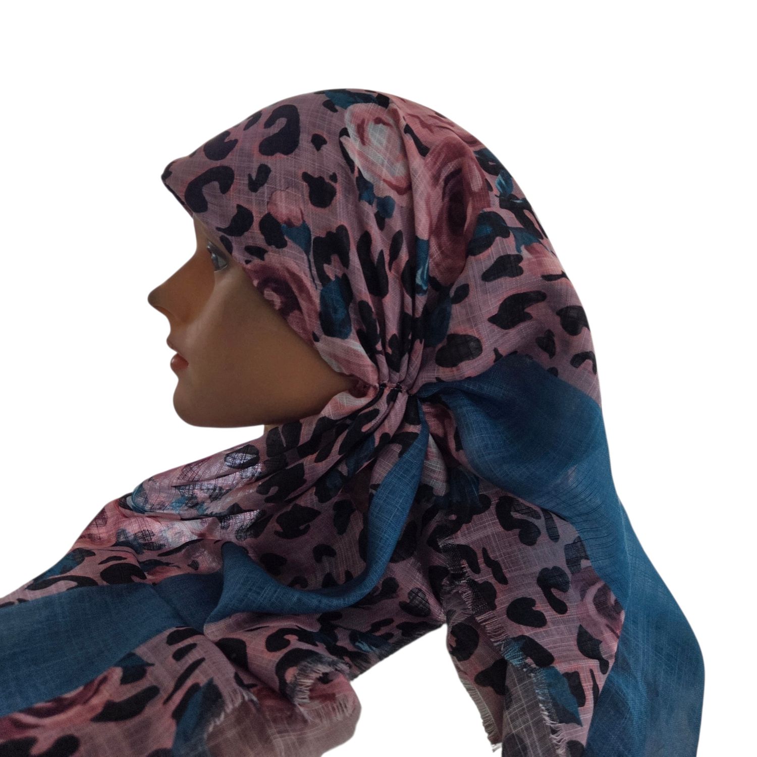 Pink leopard w/flowers - long kerchief back - soft fringes pretied tichel (BBS) w/band sewn in