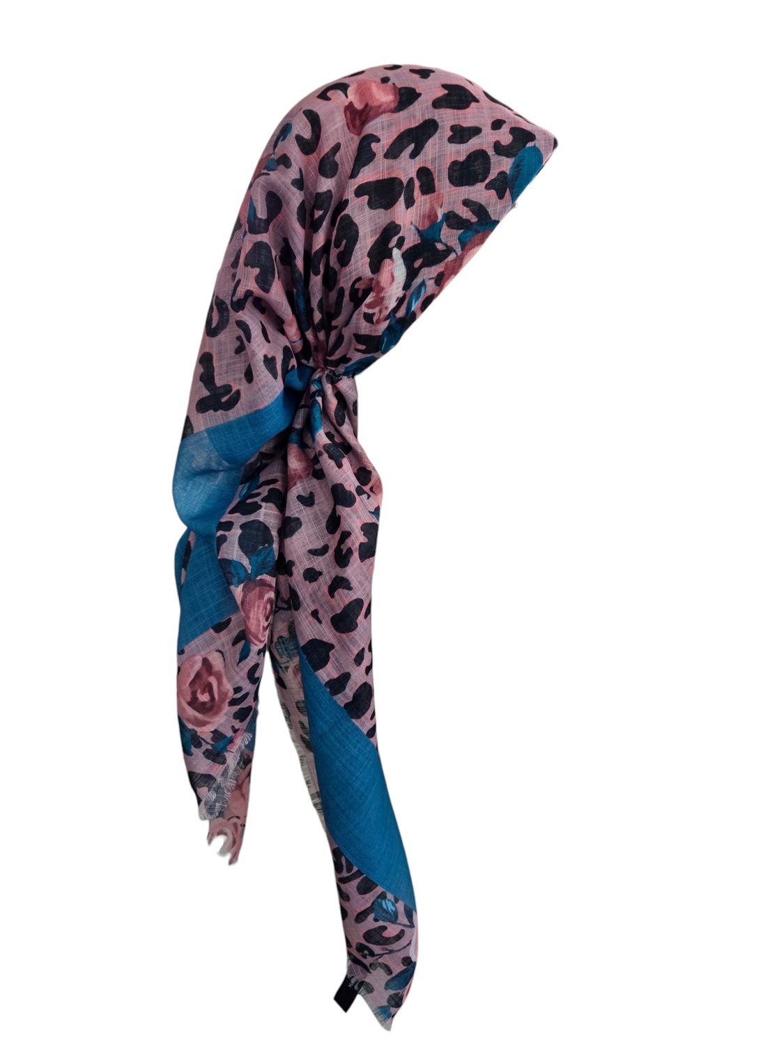 Pink leopard w/flowers - long kerchief back - soft fringes pretied tichel (BBS) w/band sewn in