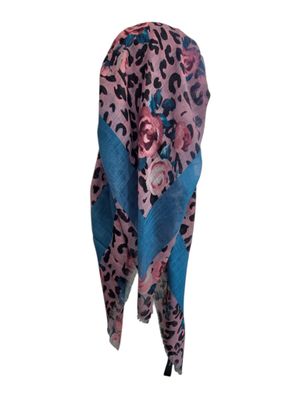 Pink leopard w/flowers - long kerchief back - soft fringes pretied tichel (BBS) w/band sewn in