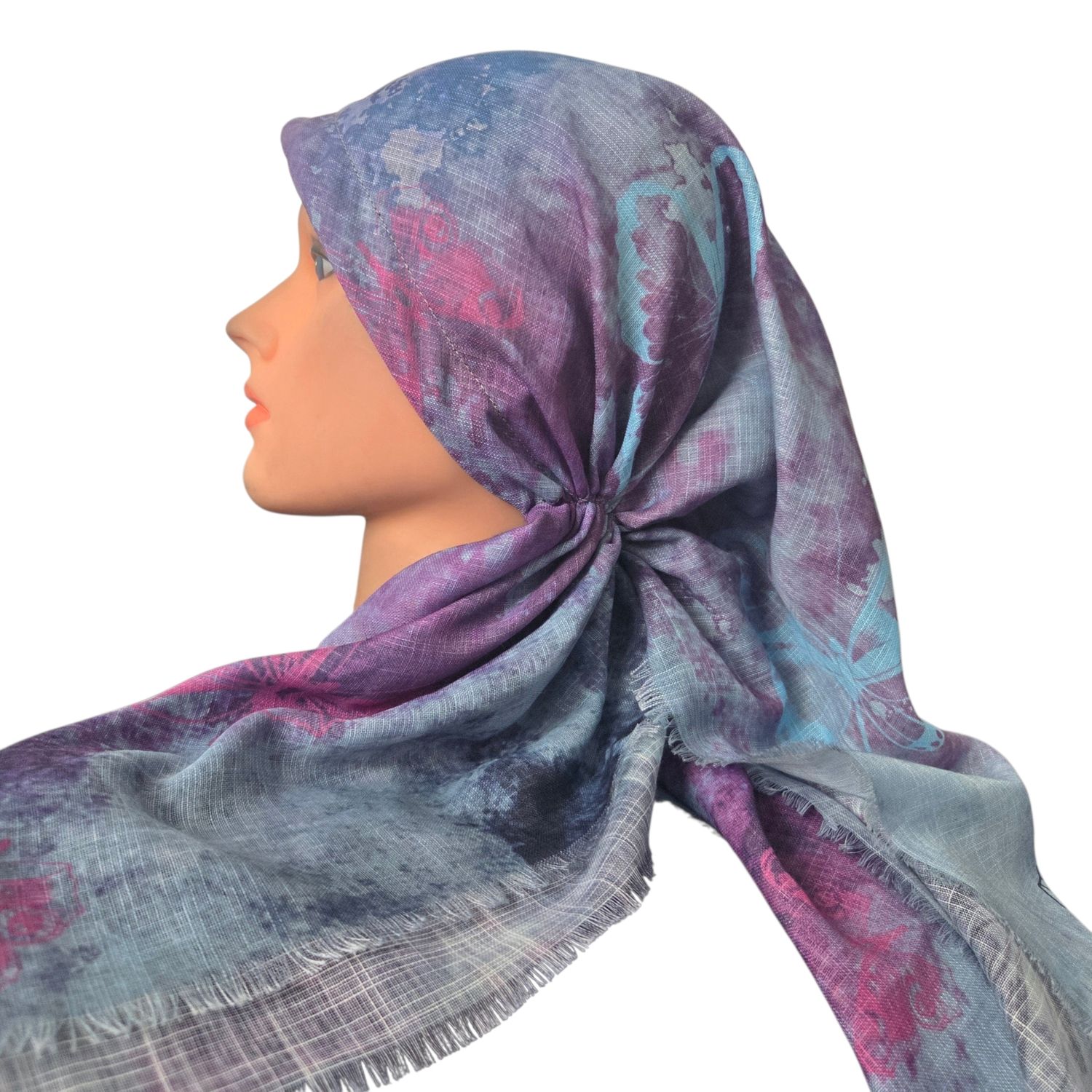 Purple &amp; blue shaded butterflies -  long kerchief back - soft fringes pretied tichel (BBS) w/band sewn in