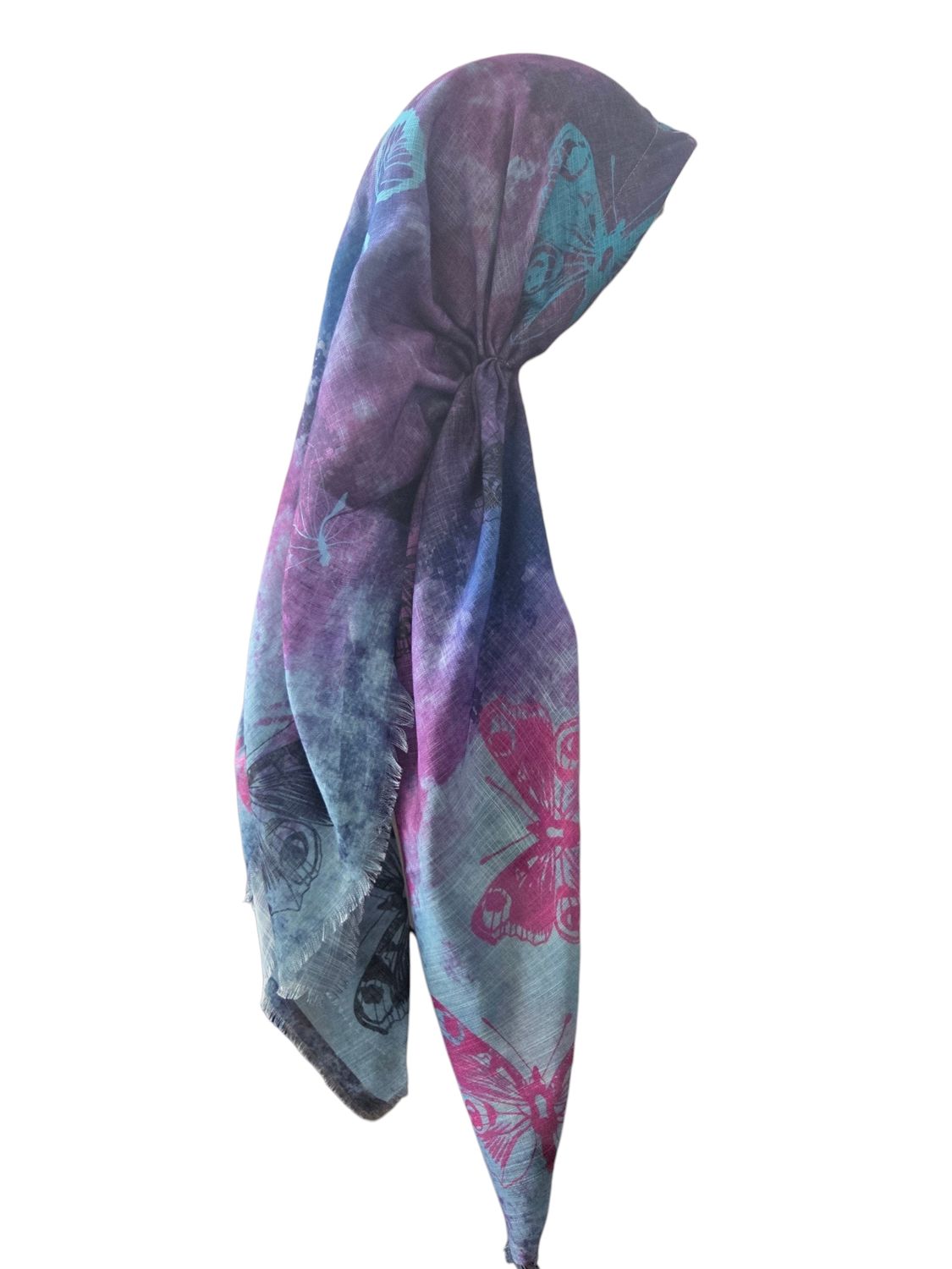 Purple &amp; blue shaded butterflies -  long kerchief back - soft fringes pretied tichel (BBS) w/band sewn in