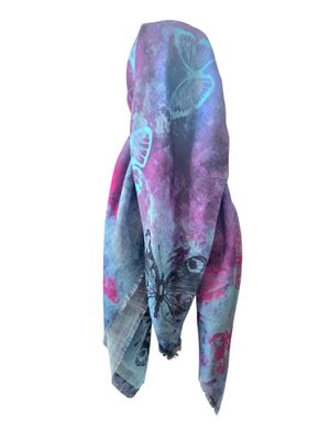 Purple &amp; blue shaded butterflies -  long kerchief back - soft fringes pretied tichel (BBS) w/band sewn in