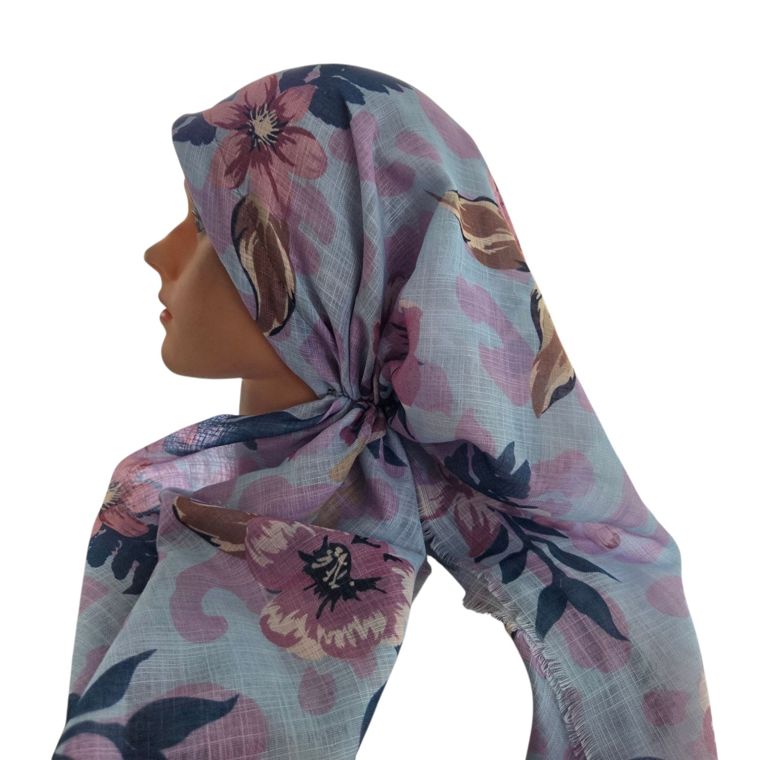 Light blue pretty floral -  long kerchief back - soft fringes pretied tichel (BBS) w/band sewn in