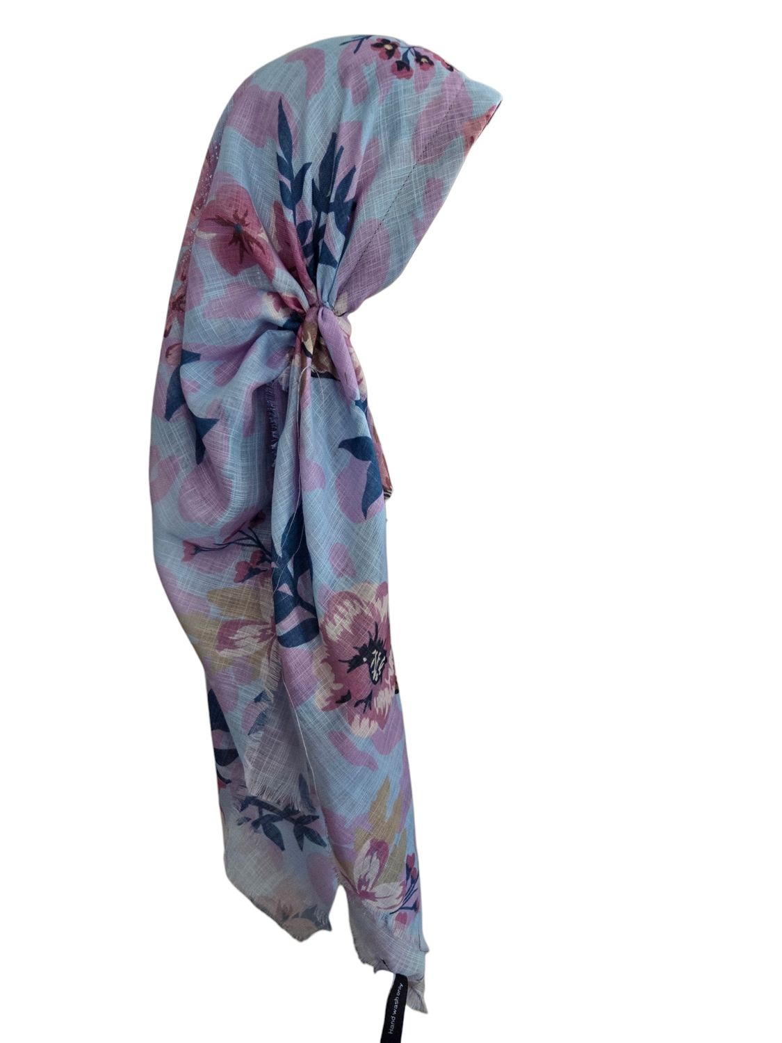 Light blue pretty floral -  long kerchief back - soft fringes pretied tichel (BBS) w/band sewn in