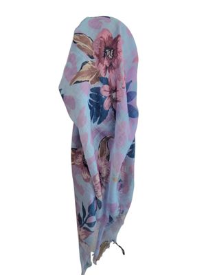 Light blue pretty floral -  long kerchief back - soft fringes pretied tichel (BBS) w/band sewn in