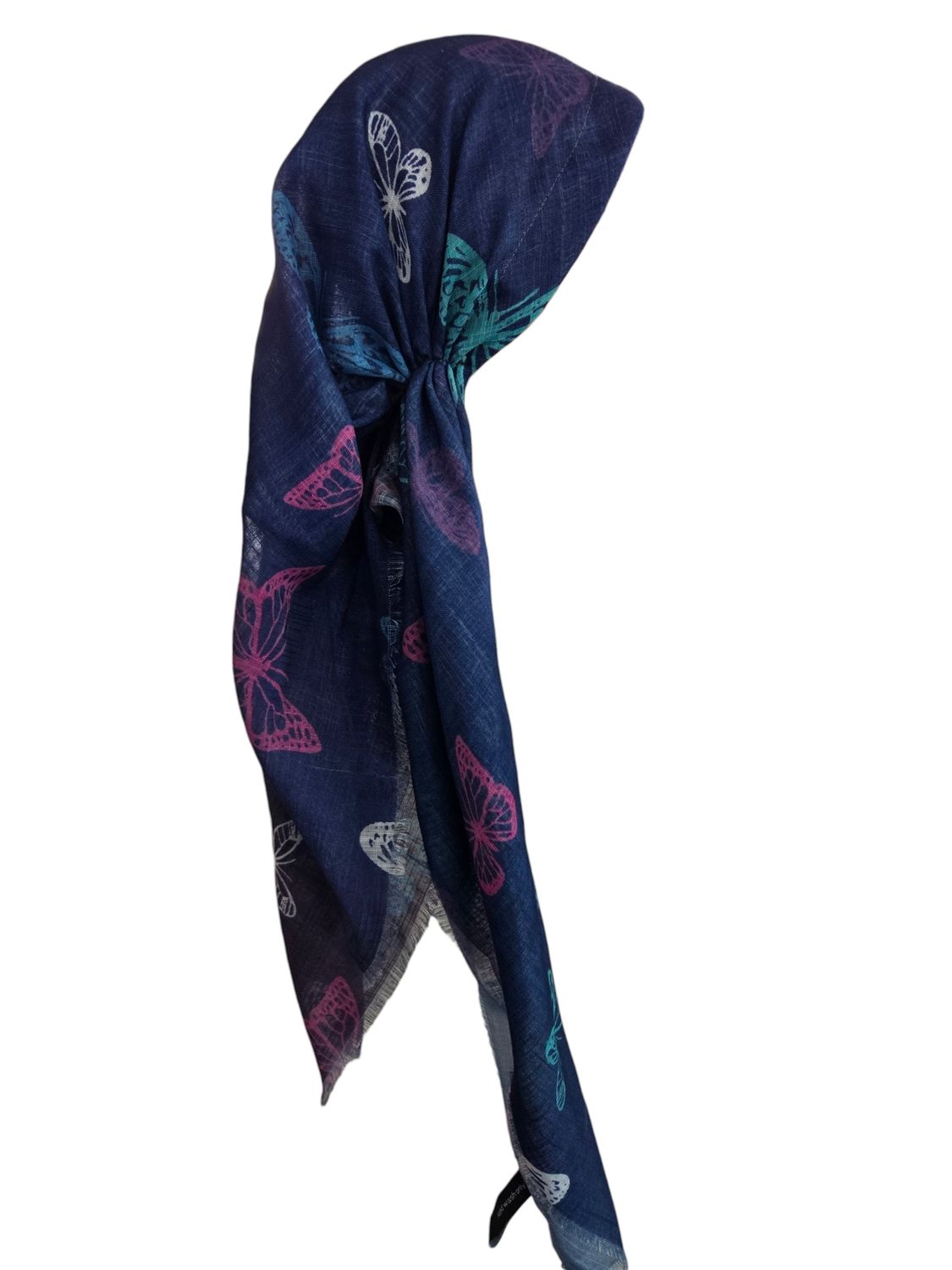 Purple &amp; navy shaded butterflies -  long kerchief back - soft fringes pretied tichel (BBS) w/band sewn in