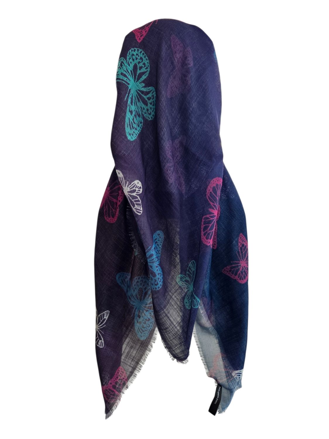 Purple &amp; navy shaded butterflies -  long kerchief back - soft fringes pretied tichel (BBS) w/band sewn in