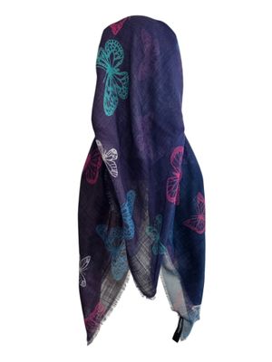 Purple &amp; navy shaded butterflies -  long kerchief back - soft fringes pretied tichel (BBS) w/band sewn in